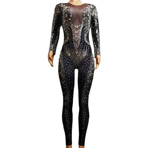 Black Full Rhinestones Sparkling Tights Jumpsuit Plaid Pattern Printing Backless Leotard Nightclub Party Evening Costume Women