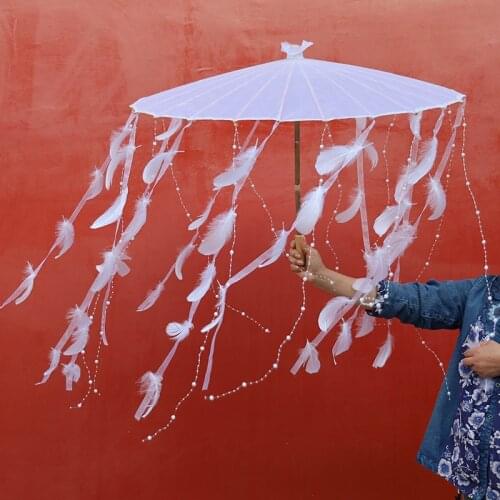 Beautiful Woman Fairy sombrilla Tassels Oiled Paper Umbrella Feather Ribbon Silk Umbrella parasol parapluie paraplu ombrello