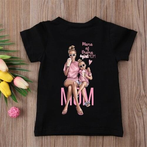 Summer New Fashion Mom Daughter Graphics Printed Children Black T-shirt Girls Lovely Cartoon Short Sleeve Tshirts Kids Tops Tee