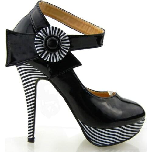 LF30404-1 New Ladies Flower Ankle Strap Stripe Platform Party Pumps