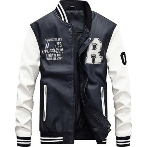 Leather Jacket Men Slim Fit College Luxury Fleece Embroidery Baseball Jackets Faux Leather Coats Mens Winter Pilot Bomber Jacket