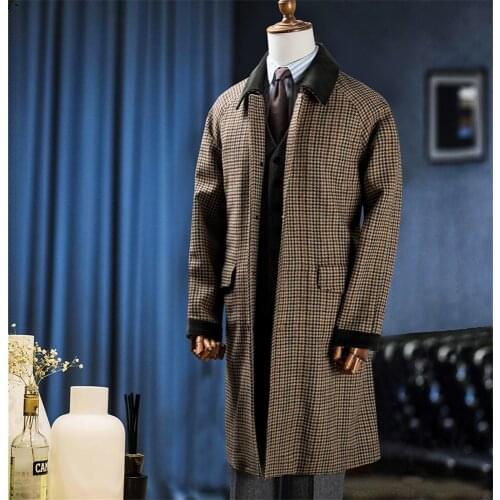 Mens Warm Jacket Winter Coat Plaid Fur Collar Single-Breasted Long British Style Overcoat Casual Fashion Handsome Top