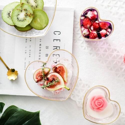 Heart Shape Glass Bowls and Cup Set with Glod Rim Japanese Style Food Salad Oats Fruit Dessert Snack Bowl Water Milk Tea Cup