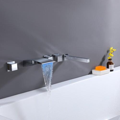 Wall Mount LED Waterfall Tub Faucets with Handheld Shower Set Chrome 5 Holes 3 Handles Roman Bathtub Filler Faucet