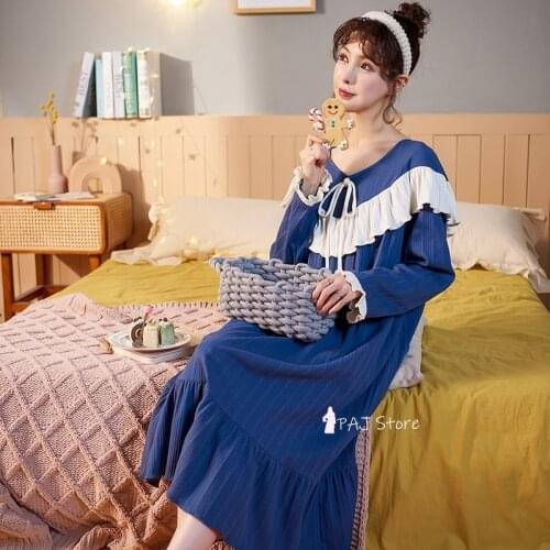 M-4XL Autumn New Women Stripe Nightdress Sweet Outfit Korean Casual Ladies' Home Clothes Bow-knot Cotton Nightclothes Nightshirt