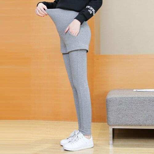 New autumn and winter pregnant women cotton plus velvet thickening fake two-piece stomach lift pants not down velvet leggings