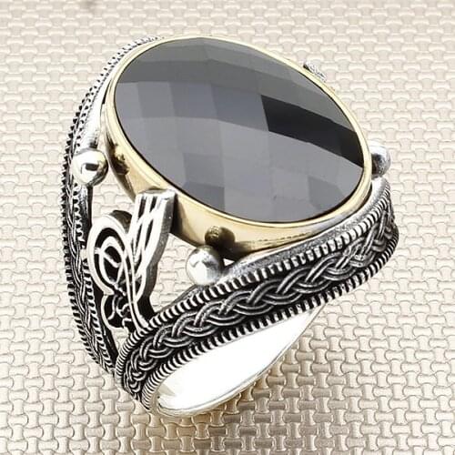 Big Oval Black Zircon Stone Men Silver Ring With Ottoman Tugra Motif Made in Turkey Solid 925 Sterling Silver