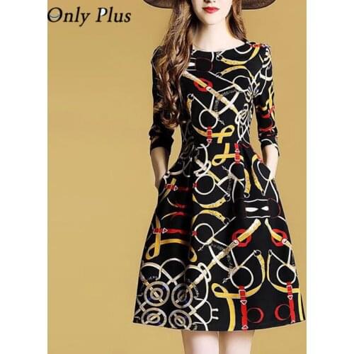 Only Plus Autumn Printed Vintage Dress Casual Slim High Waist Black A-Line Mini Dresses Three Quarter Floral Boho Women Vestidos