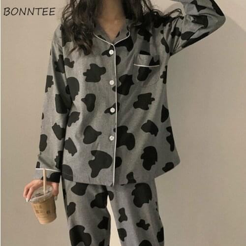 Women Pajama Sets Autumn Cow Turn Down Collar Home Wear Casual Warm Soft Ins Students Ladies Girls Ins Sleepwear Cute Loose New