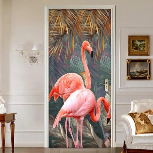 DIY Self Adhesive Door Sticker Wall Decals Banana Leaf Flamingo 3D Photo Mural Wallpaper For Living Room Bedroom Home Door Decor