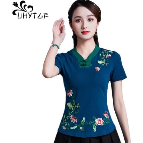 UHYTGF Vintage Womens 6XLOversized T-Shirt Fashion Embroidered V-neck Short Sleeve Summer Clothes Slim Female Tops T-Shirt 1451
