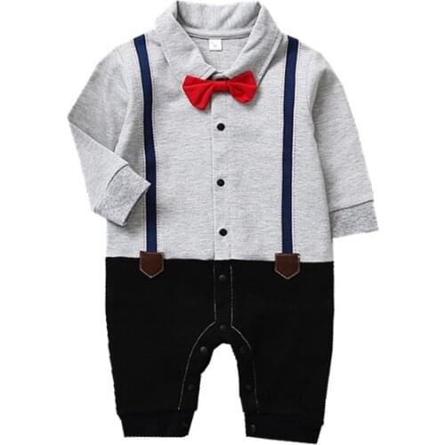 Toddler Boy 1st Birthday Party Formal Suits White Grey Gentleman One Piece Romper Shirt Long Sleeve Autumn Little Boy Outfits