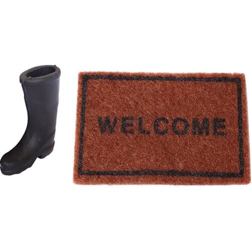 ''Welcome'' Patterned Floor + Rubber Rain Boot For 1/12 Dollhouse Furniture