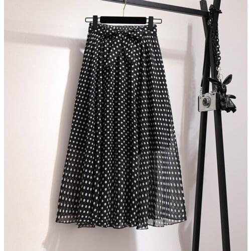 Polka Dot Midi Chiffon Skirt Spring Summer Women Fashion Belt High Waist Long Pleated Skirts Female Boho White Black Maxi Skirt