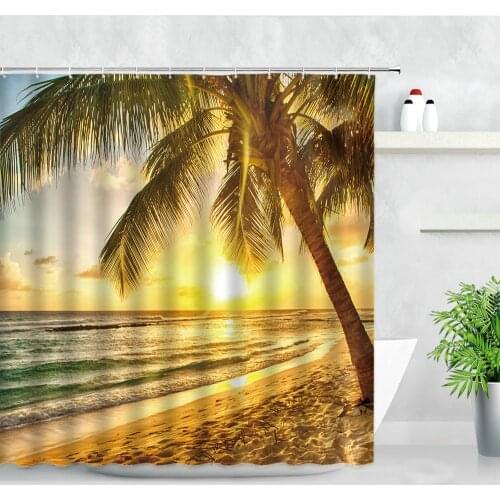 Nordic Style Decor Cloth Screen Shower Curtains Dusk Sunset Sea Beach Palm Tree Ocean Scenery Waterproof Hooks Bathroom Curtain