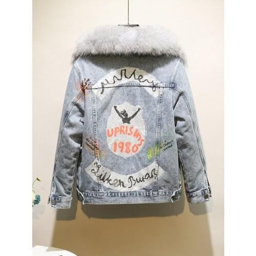 2021 winter new Korean loose plus fleece denim jacket for women fashion street big fox fur collar printing jean Parka fur coat