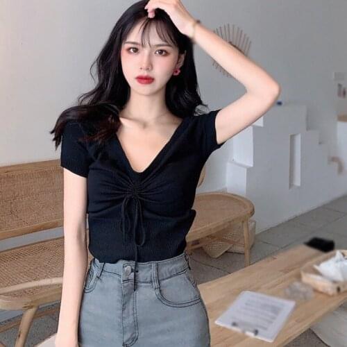 Women\s Solid V-neck Slim Knitted Short Sleeve T Shirt Tops
