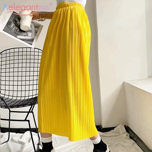 Aelegantmis Elastic Waist Pleated Long Skirt for Women Split Casual Solid Harajuku Skirt 2021 Summer Solid Skirts Womens 4 Color