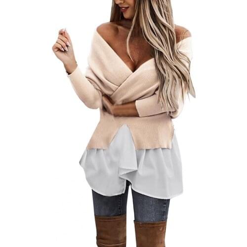 Women winter blouse long sleeves 2020 Women Deep V Neck Long Sleeve Patchwork Irregular Blouse Backless Knit Pullover Blouse