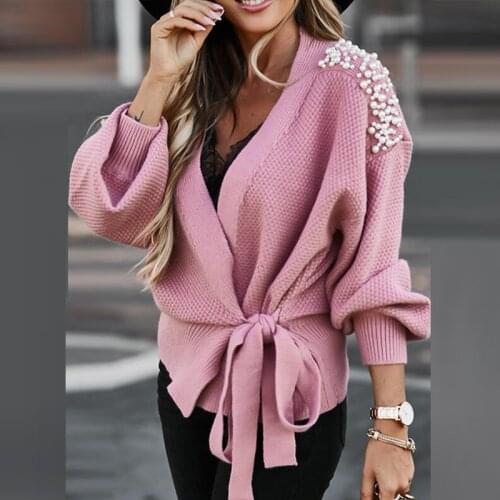 Autumn Women V-Neck Lace-up Knitted Cardigan Tops Fashion Long Sleeve Patch Beading Sweater Winter Female Elegant Solid Sweaters