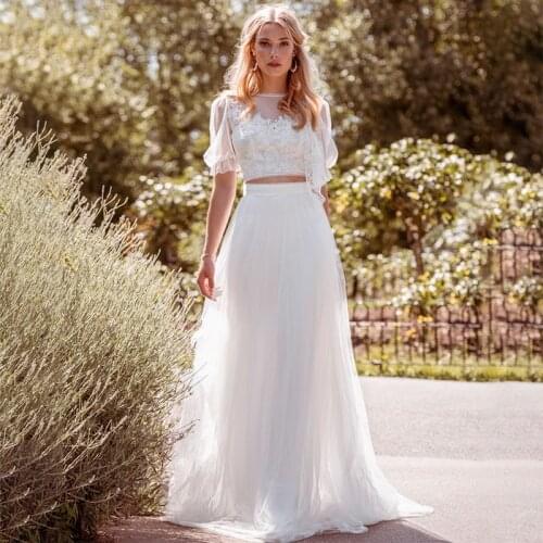 Bohemian Wedding Dress 2021 Two Pieces Short Sleeve Floor Length Beach Sheer Bridal Gown Simple Tulle For Women High Quality