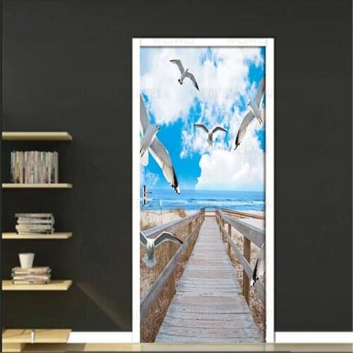 2 Pcs/set Blue Sky Seaside Wooden Bridge Pigeon Decor Home DIY 3D Door Sticker Pattern Wall Room Home Door Self-Adhesive Decal