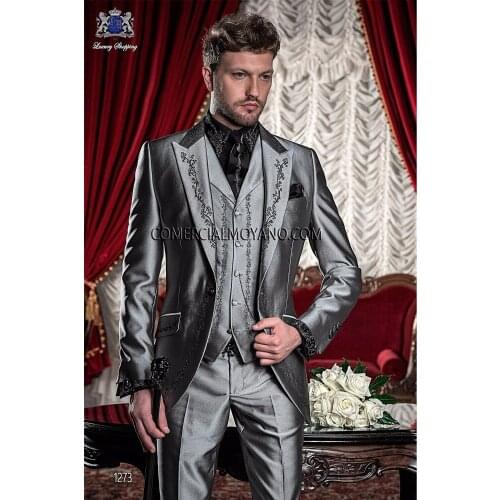2017 Latest Coat Pant Designs Italian Sliver Grey Pattern Satin Men Suit Custom Prom Blazer Slim Fit 3 Piece Groom Tuxedo Terno