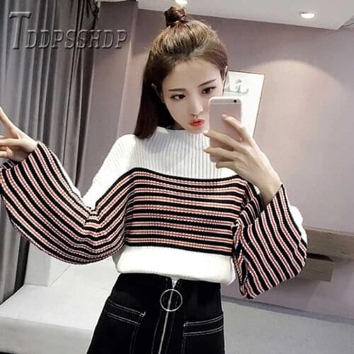 2019 Winter Loose Bat Sleeve Women Sweater Stripe Korean Thick Female Sweaters