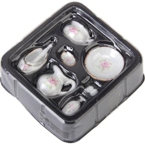 8PCS Decorative Floral Ceramic Bathroom Accessories Set for 1/12 Dollhouse