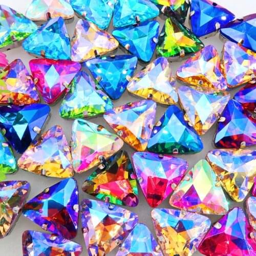 AB colors Silver claw settings 18mm Triangle shape glass Crystal Sew on rhinestone beads garments shoes handicraft diy trim