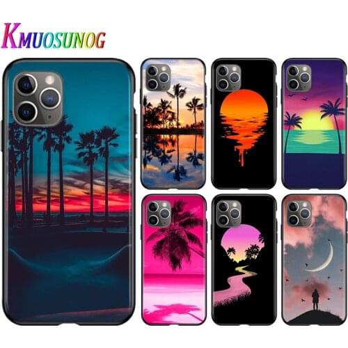 For iPhone 11 Pro XS Max X XR Phone Case Palm trees Summer beach For iPhone 6S 6 7 8 Plus 5S Bright Black Soft Phone Cover