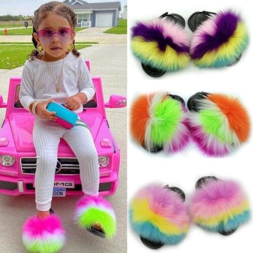 Girls Fluffy Raccoon Fur Slides Childrens Real Fox Fur Slippers Cute Furry Striped Plush Sandals Non-slip Heel Strap Baby Shoes
