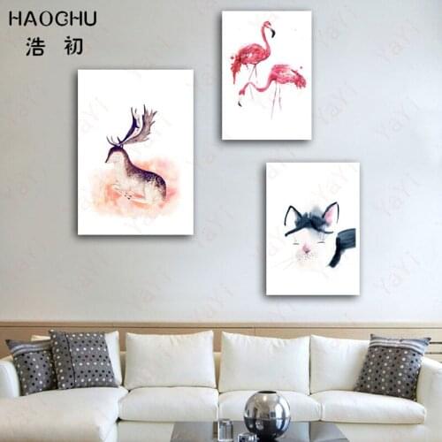 HAOCHU Nordic simple modern flamingo deer cat pink home decoration canvas painting living room wall art poster picture new gift