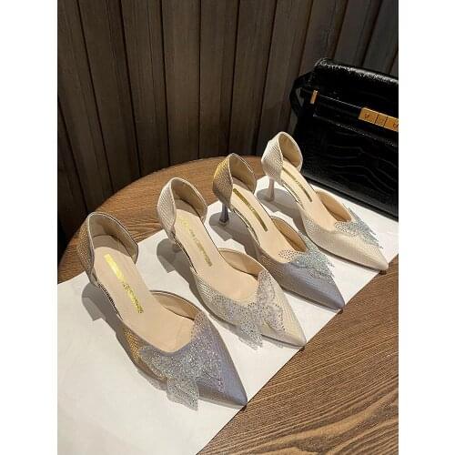 Exquisite Sexy Stiletto Pointed Shallow Mouth Ladies Single Shoes Summer Fashion Hot Sale Rhinestone Butterfly Wedding Shoes