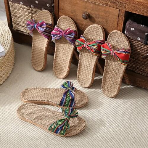 Fashion Sandals Women EVA Stripes Bow lippers Thick Cotton Linen Slippers Flip Flops Shoes Summer Ladies Beach Slippers 2021