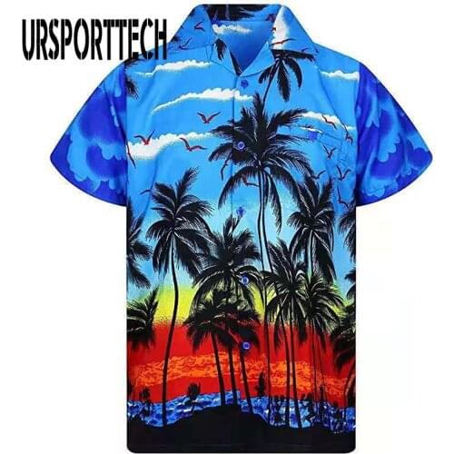 URSPORTTECH 2021 Summer Men Shirt Short Sleeve Cotton Loose Casual 3D Print Vacation Beach Tops Blouse Plus Size Shirt Men Big