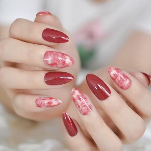 Printed Stiletto Fake Nails Red Wine Marble Nails Pretty False Nails With Glue Accesorios Beauty Tools