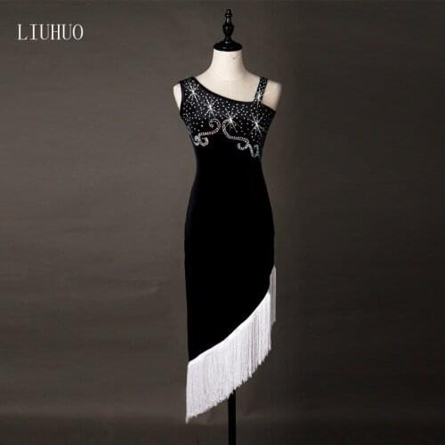 Girls adult Latin dance competition clothes.Latin dance performance clothes Sling Tassel skirt Sleeveless black Shiny diamond