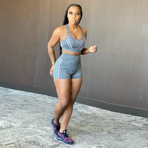 Casual Womens Sport Suit Striped Patchwork Sleeveless Tank Crop Top and High Waist Biker Short Streetwear Workout 2 Piece Sets