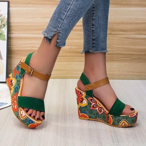 Fashion Womens Ladies Ethnic Style Floral Printed Fish Mouth Open-toe High-heel Platform Wedges Sandals Chaussures Femme#g3