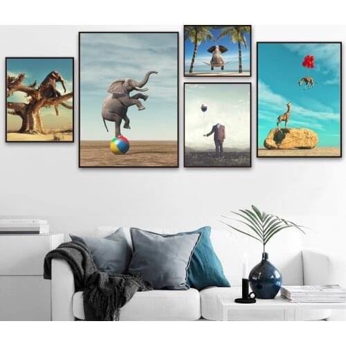 Surrealism Elephant Giraffe Wall Art Canvas Painting Nordic Posters And Prints Animal Wall Pictures For Living Room Home Decor