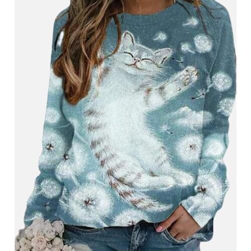 Spring Casual Cartoon Stripe Cat Kawaii T-Shirt Autumn Oversize O Neck Long Sleeve Women Tops Pullover Solid Color Loose Tee