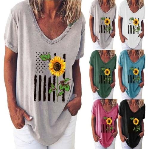 Women Sunflower Printed T-Shirt Casual Summer Short Sleeve Top Tee Look thin