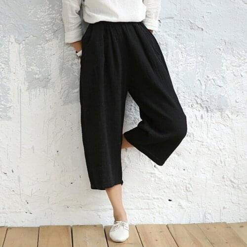 High quality 7 Candy color Solid Elastic waist Women loose Summer Linen cotton Casual Capris seven Pants Wide leg Trousers
