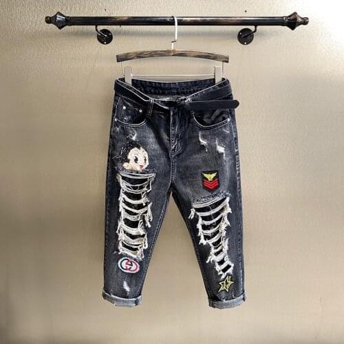 2021 Summer Lace Ripped Jeans for Women Vintage Streetwear Ripped Skinny Jeans for Teen Girls Ankle-Length Pants