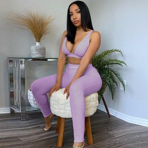 2021 newest arrival Women’s 2 Piece Workout Outfits Yoga sets Casual Solid Color Deep V Neck Crop Tank Top+Bodycon Pants Set