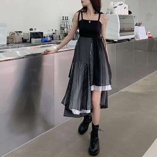 WKFYY High Street Mesh Black Bow Spaghetti Strap Camisole Irregular Asymmetrical Spliced Pleated Mid Calf Dress Princess D4099
