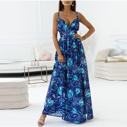 Women Casual Suspender Floral Printed Long Dress 2021 Elegant Sexy V-neck Party Dress Lady Bohemian Fashion Zipper Slit Dresses