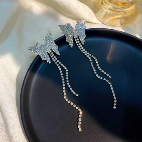 2020 Fashion Piercing Jewelry New Trend Elegant Long Tassel Crystal Butterfly Earrings Chamr Korean Stud Earrings For Women