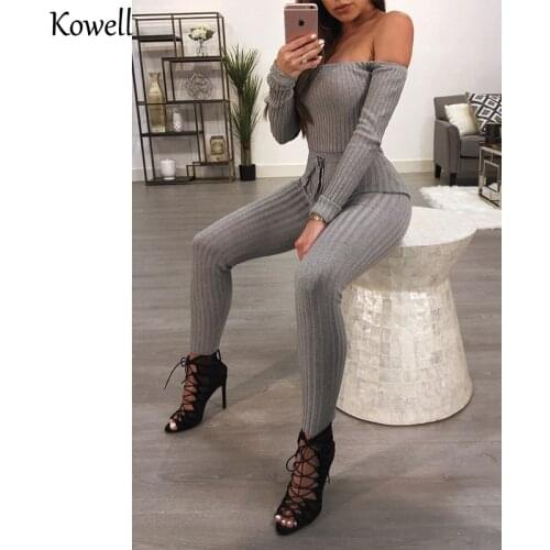 Strapless Off The Shoulder Women Sexy Two Piece Suit Jumpsuit Long Sleeve Solid Backless High Waiste Womens Skinny Sexy Jumpsuit